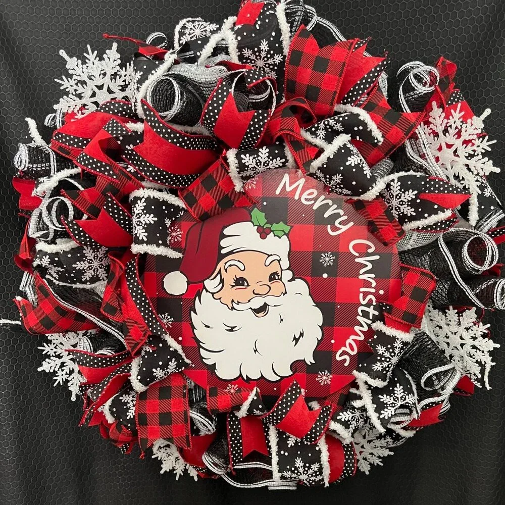 Santa Merry Christmas Wreath Red Plaid Ribbons, Snowflakes, Made of Deco Mesh